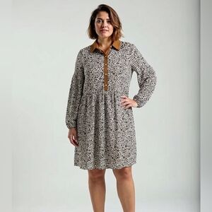 Lovesoft Khaki Button Vneck Leopard Print Puff Sleeve Loose Mini Dress Sz 1X